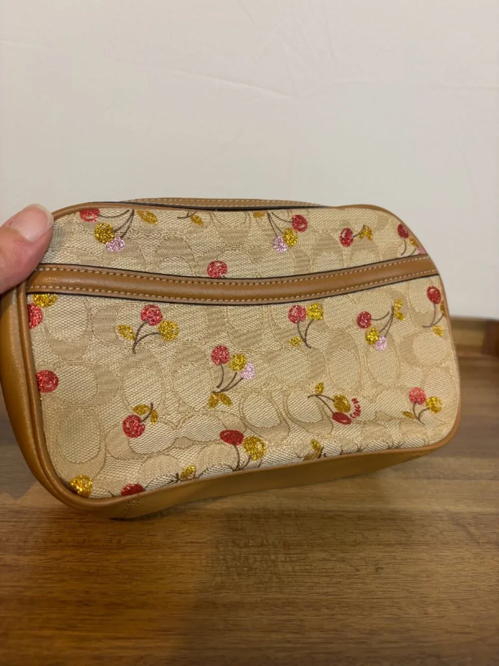 Coach Isla Signature Khaki Metallic Cherry Print Tan Leather Crossbody
